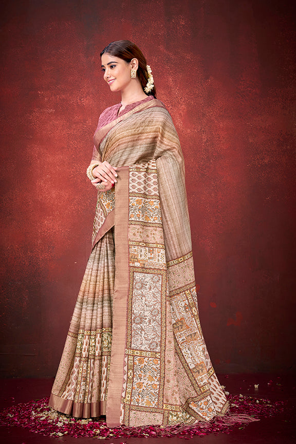 Mauve Pink Spun Silk Traditional Print Saree