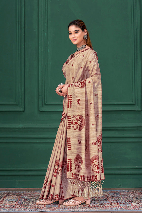 Chiku Tussah Warli Silk Warli Print Saree