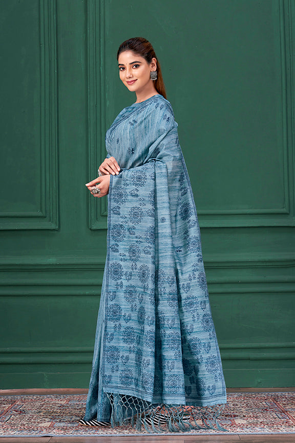 Sky Blue Tussah Warli Silk Warli Print Saree