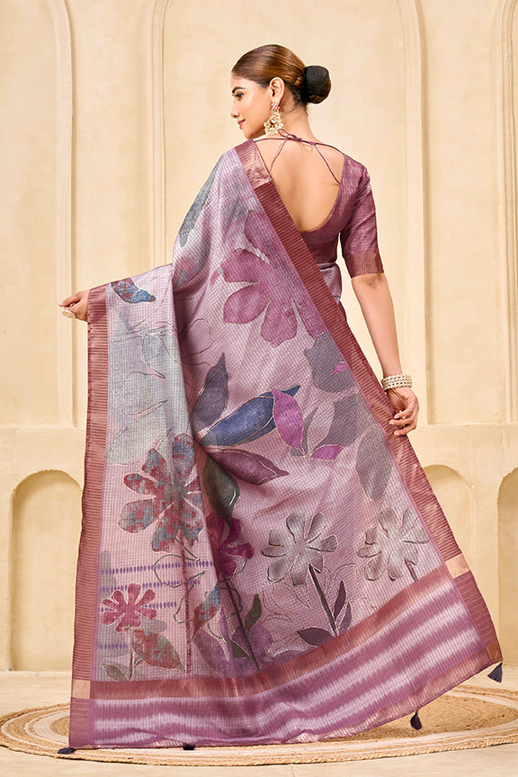 Purple Signora Zari Check Silk Floral Digital Print with Foil Print Saree