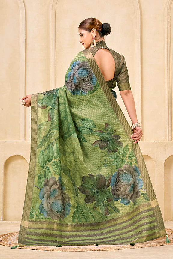 Green Signora Zari Check Silk Floral Digital Print with Foil Print Saree