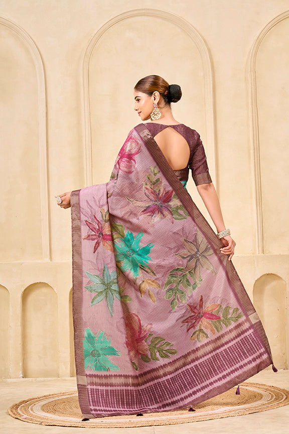 Pink Signora Zari Check Silk Floral Digital Print with Foil Print Saree