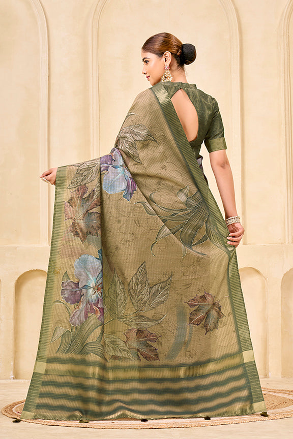Chiku Signora Zari Check Silk Floral Digital Print with Foil Print Saree