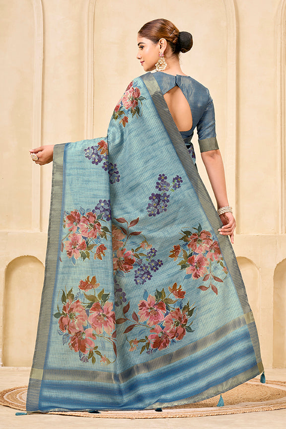 Sky Blue Signora Zari Check Silk Floral Digital Print with Foil Print Saree