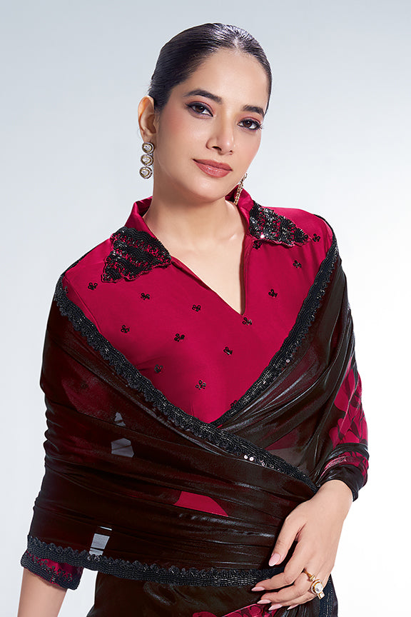 Black Two Tone Satin Silk Embroidery Digital Floral Print Saree