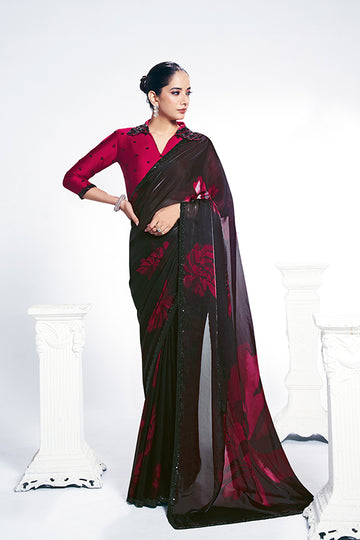 Black Two Tone Satin Silk Embroidery Digital Floral Print Saree