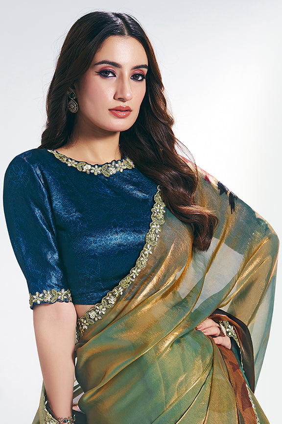 Green Two Tone Satin Silk Embroidery Digital Abstract Print Saree