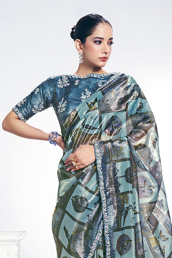 Blue Two Tone Paper Silk Stone Handwork Saree