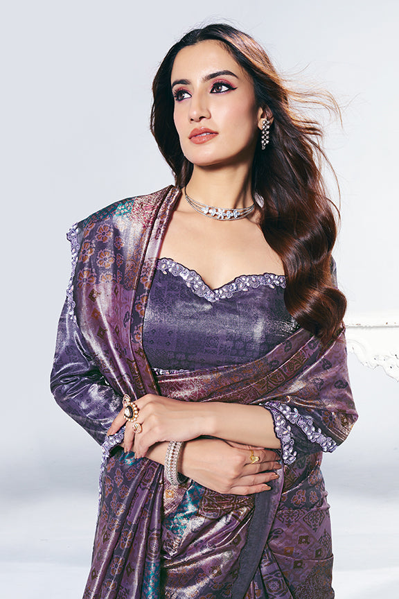 Purple Two Tone Paper Silk Stone Handwork Saree