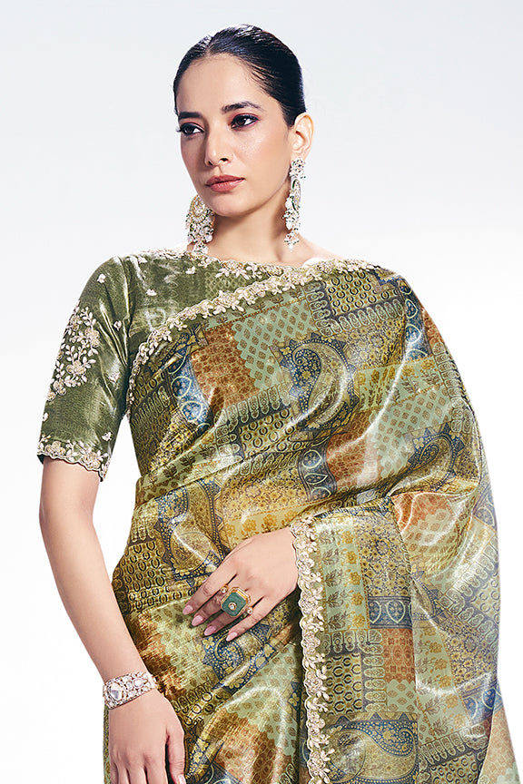 Green Two Tone Paper Silk Embroidery Digital Traditional Print Saree