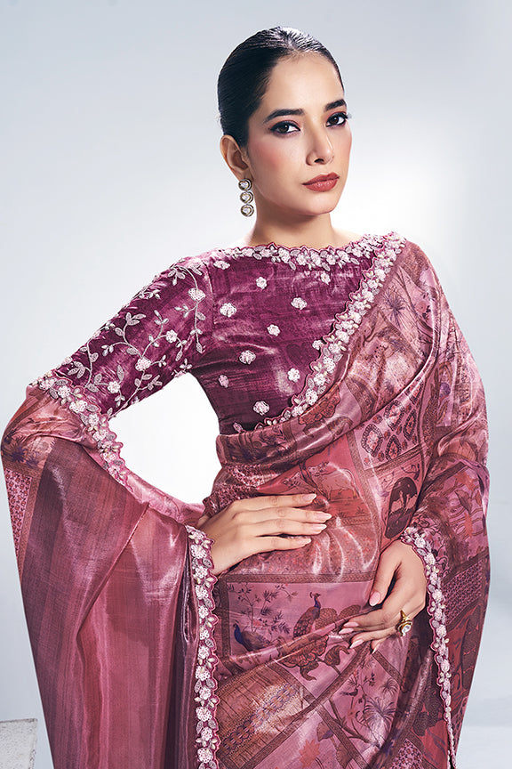 Pink Two Tone Paper Silk Stone Handwork Saree