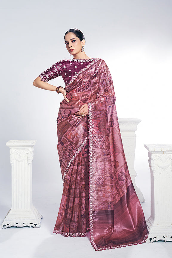 Pink Two Tone Paper Silk Embroidery Digital Traditional Print Saree
