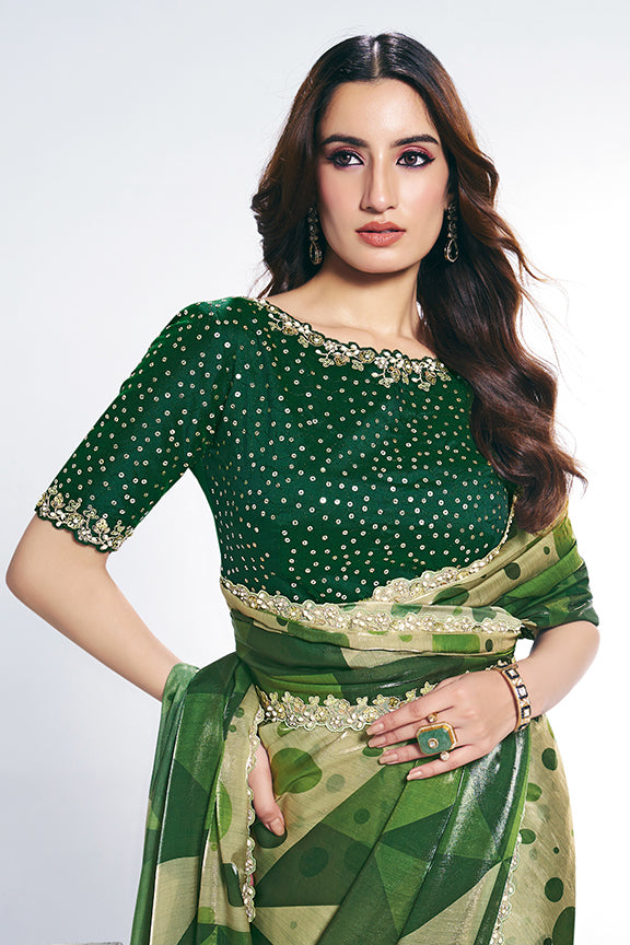 Green Two Tone Satin Silk Stone Handwork Saree