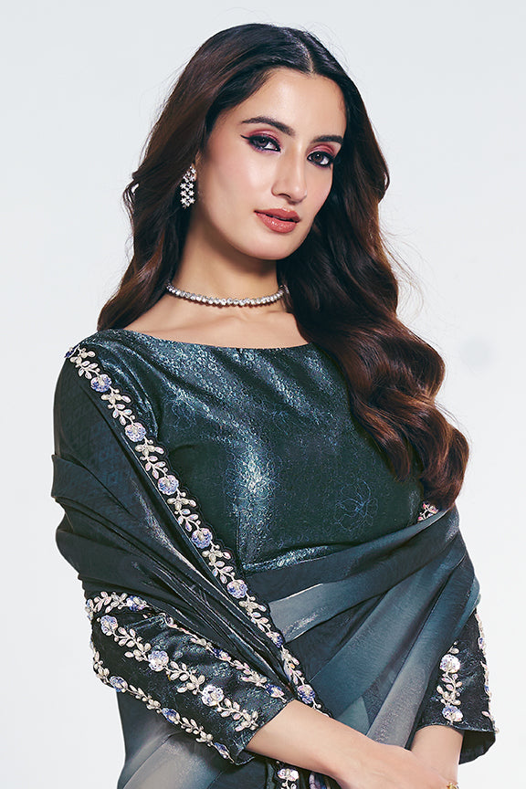 Blue Two Tone Satin Silk Stone Handwork Saree