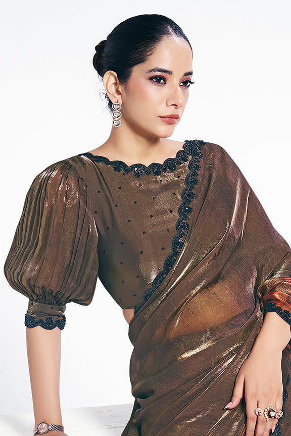 Dull Gold Two Tone Satin Silk Bead Embroidery Work Saree